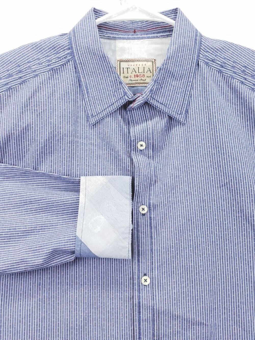 Vintage Italia c. 1958 Shirt Mens XL Blue White Striped Flip Cuffs Button-Up